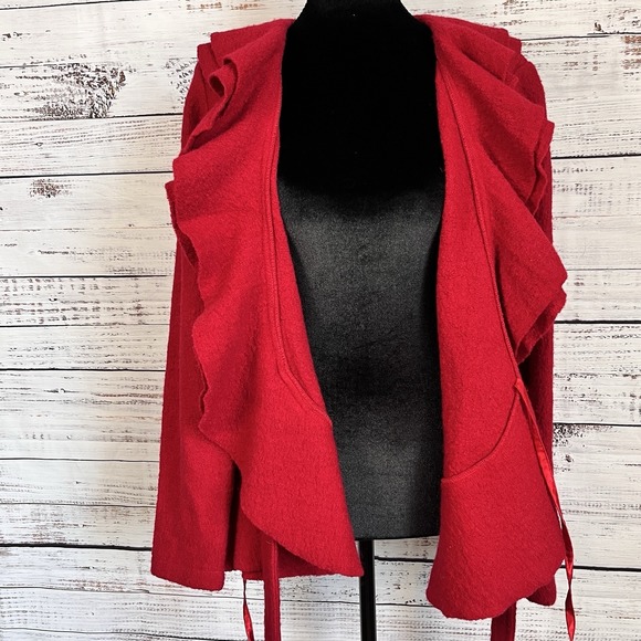 Vtg Marisa Christina Wool Wrap Cardigan Womens S Red Ruffle Collar Hem Dopamine - Picture 7 of 12